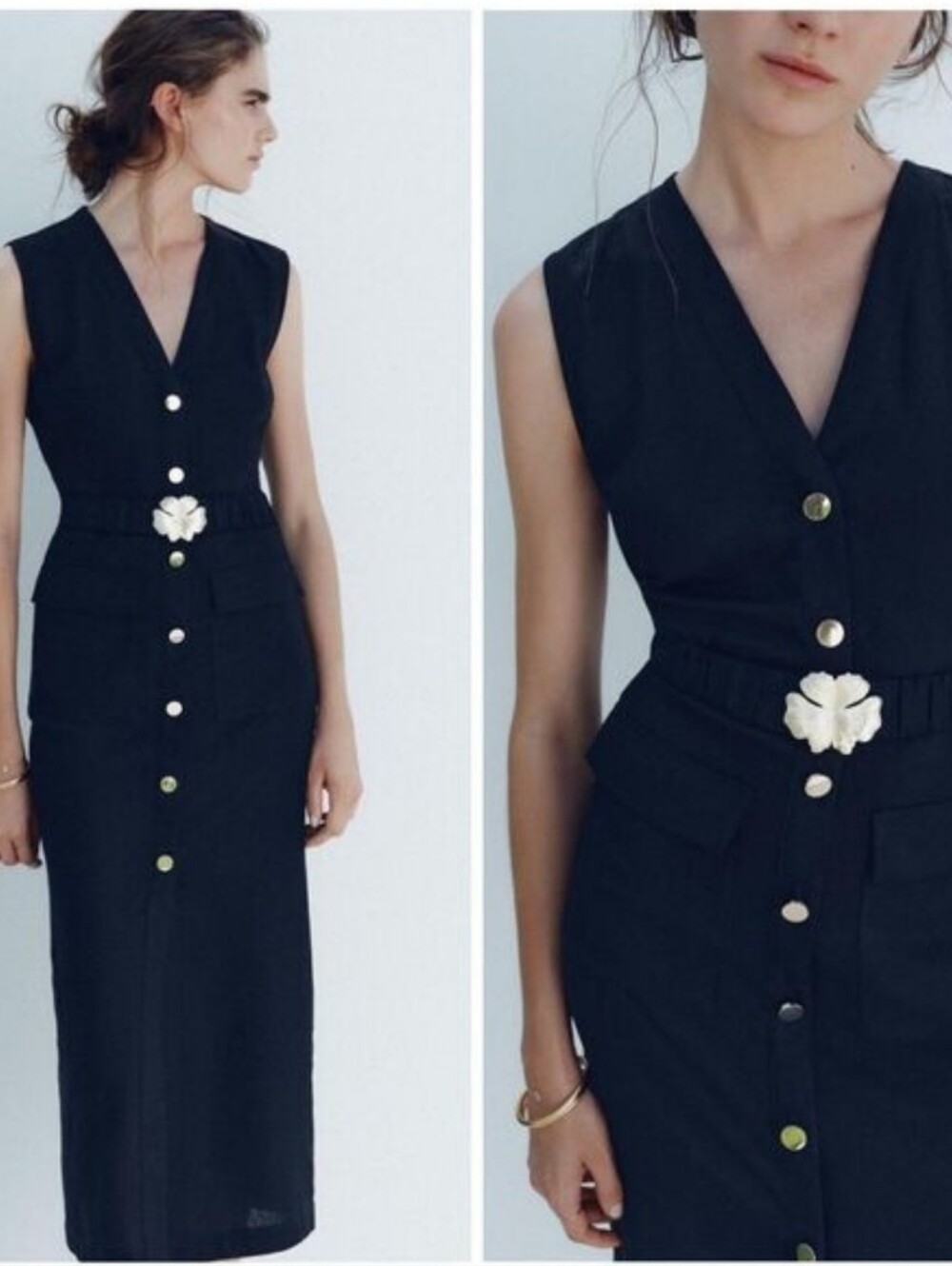 Zara Navy Linen Belted Sleeveless Button-Front Midi Dress with Floral Belt- SZ L